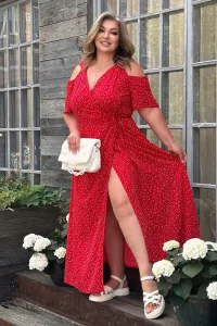Платье "горошек" длинное с запАхом с вырезом на плечах