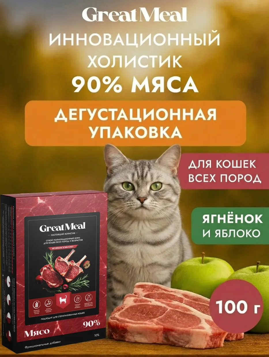 Корм сухой супер-премиум класса GREAT MEAL для кошек из ягненка и яблока, 0,1 кг
