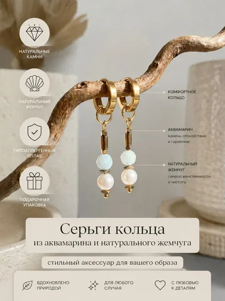 Серьги кольца с аквамарином