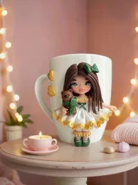 Кружка с куколкой из полимерной глины