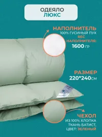Одеяло пуховое ЛЮКС 220х240, теплое, зелёное