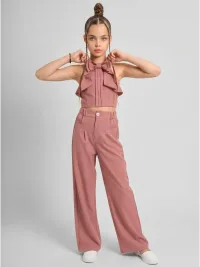 Нарядный костюм для девочки: топ и брюки палаццо, коралловый - 62W21
