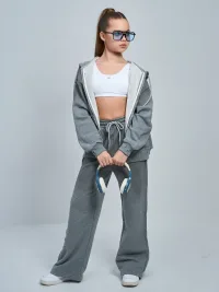 Спортивный костюм для девочки: худи и брюки палаццо, серый - 64W21