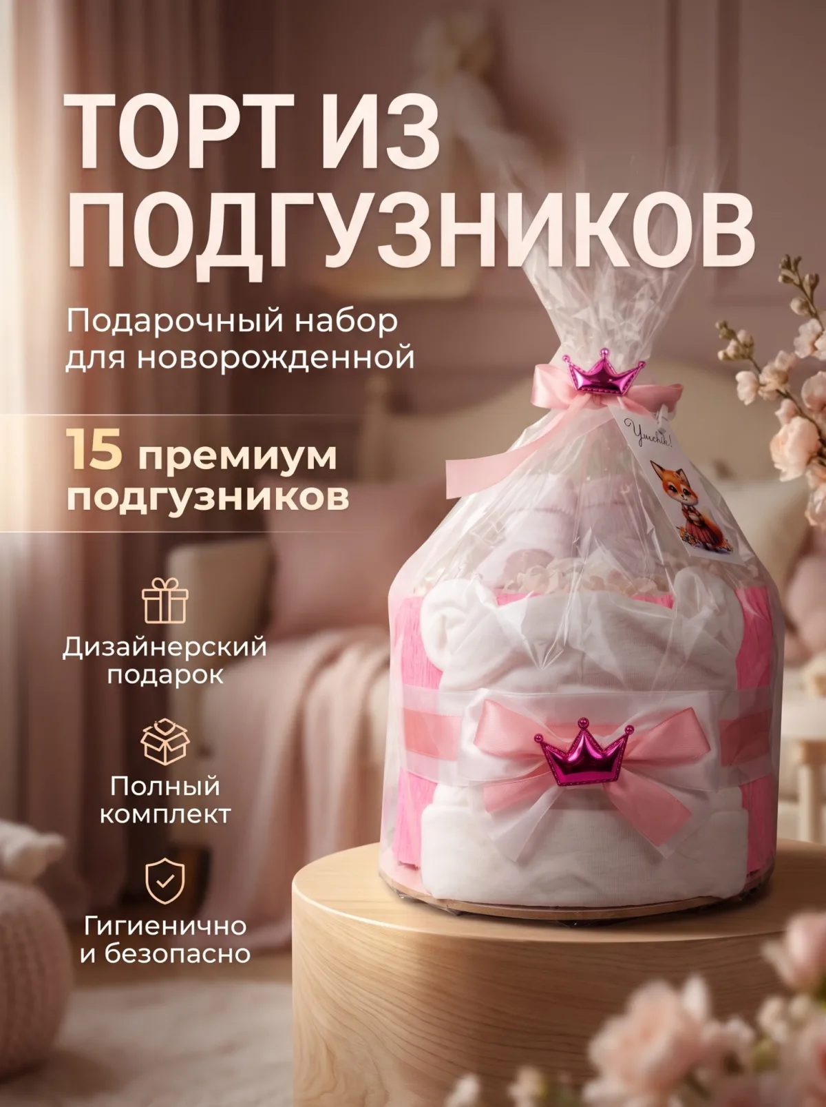 Торт из подгузников для девочки розовый мини
