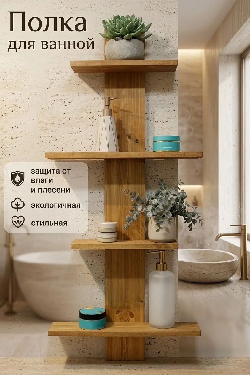 Деревянная полка для ванной комнаты настенная