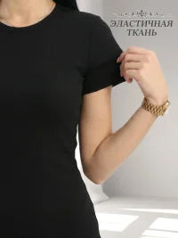 Трикотажное платье футболка лапша в рубчик, черное